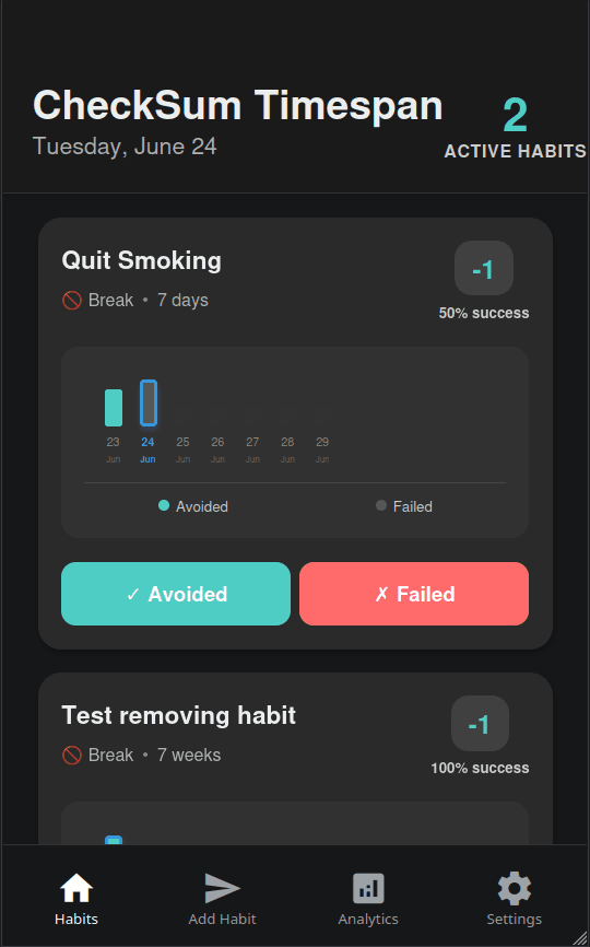 Checksum Timespan Home Screen - Habit tracking with ratio-based scoring