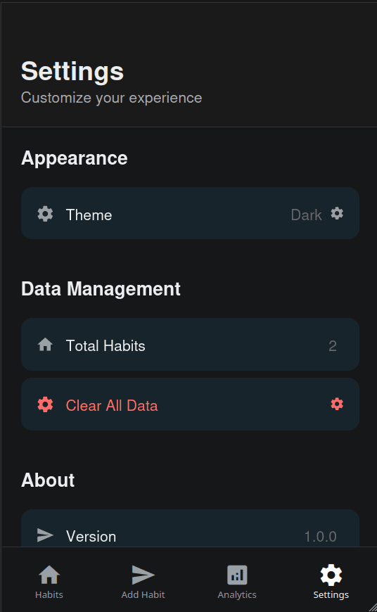 Settings Screen - Customize your habit tracking experience
